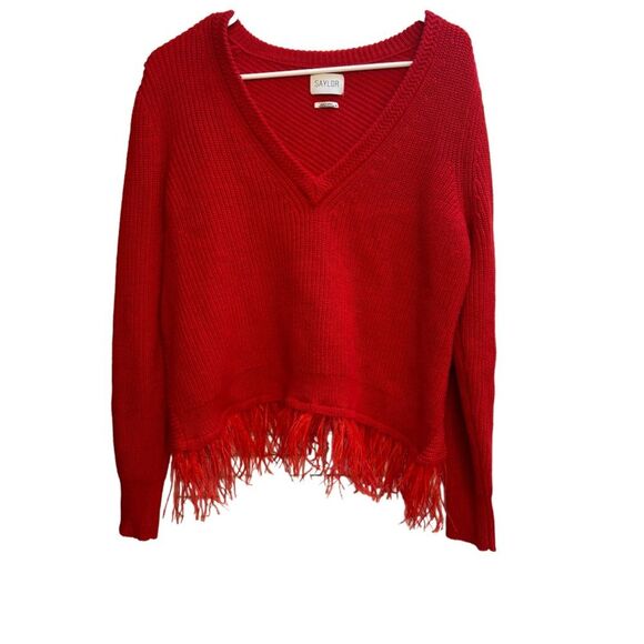 Saylor NYC Juneau Feathered Sweater Red Pullover Long Sleeve Feather Trim Sz M - Picture 3 of 6